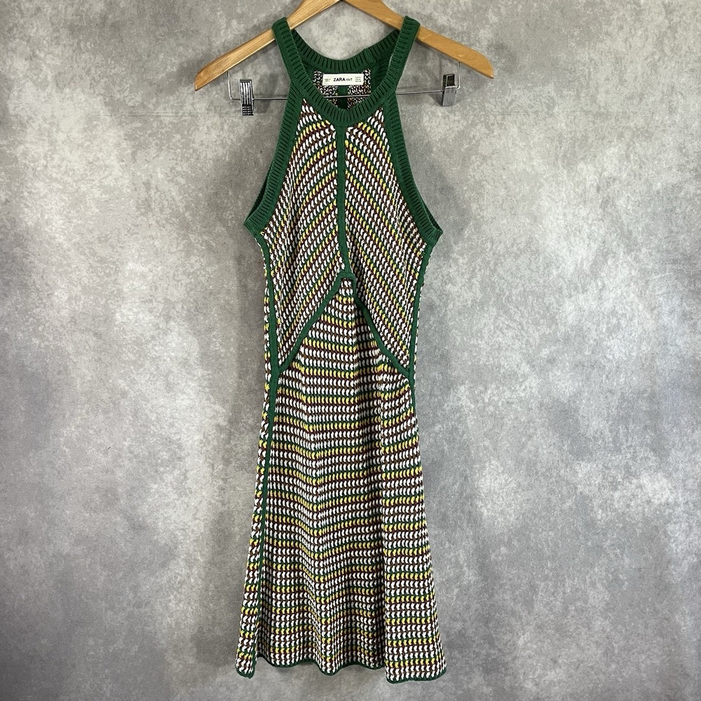 Zara Crochet Knit Dress Women Medium M Green Colorful Stretch‎ Cotton Sleeveless